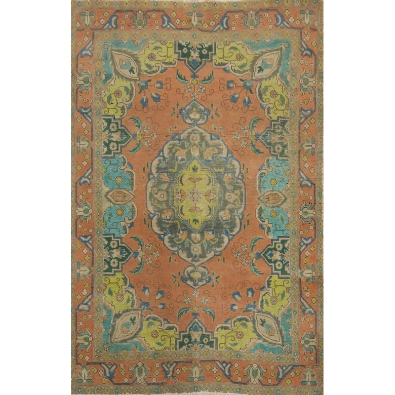 Hand Knotted Oriental 100% Wool Carpet Traditional Medallion Oranges & Rust Tabriz Area Rug - 6' 2'' X 4' 6''
