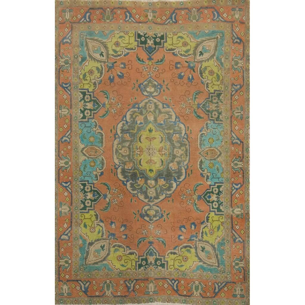 Hand Knotted Oriental 100% Wool Carpet Traditional Medallion Oranges & Rust Tabriz Area Rug - 6' 2'' X 4' 6''