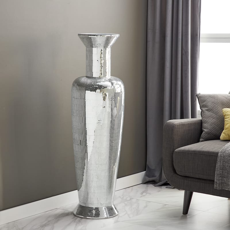 Polystone Tall Floor Vase with Mosaic Mirror Inlay - Silver - Roche River Decor - 15"W x 15"L x 51"H