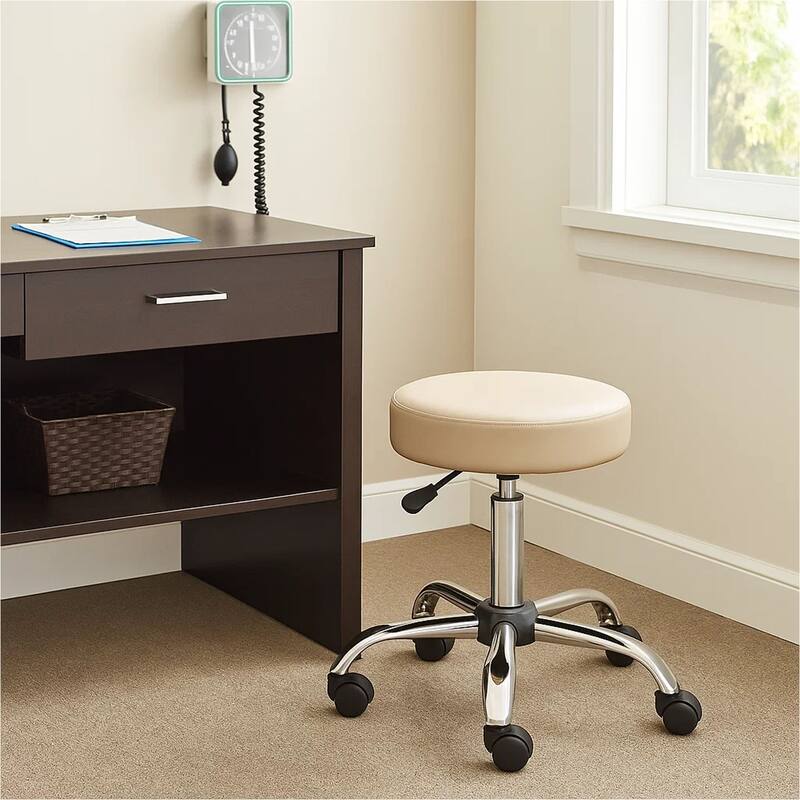 Fea Medical Swivel Stool, Round Beige Padded Seat, Rolling Chrome Base