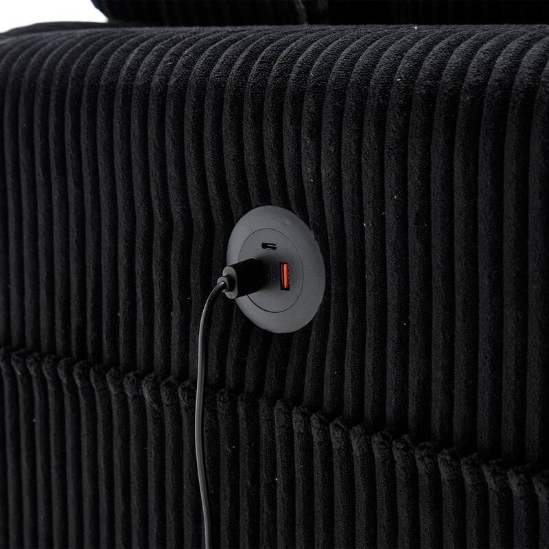 Oversized Corduroy Upholstered Single Chaise Lounge Sofa Couch Switchable Armrest with Cup Holders, USB Ports and Pockets