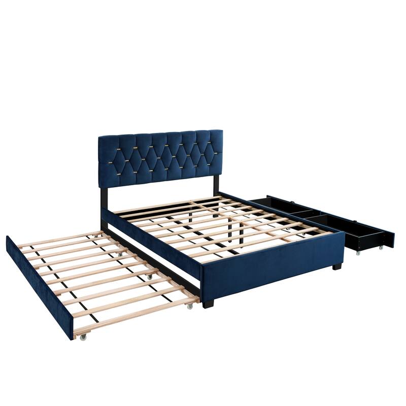 MODERN VELVET QUEEN BED WITH TWIN TRUNDLE AND 2 STORAGE DRAWERS - Blue