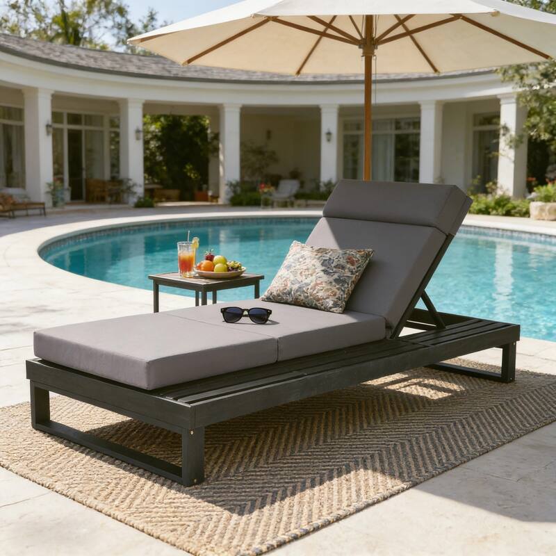 Christopher Knight Home - Modern Outdoor Acacia Wood Chaise Lounge with 4-Position Adjustable Backrest & 4-Fold Cushion