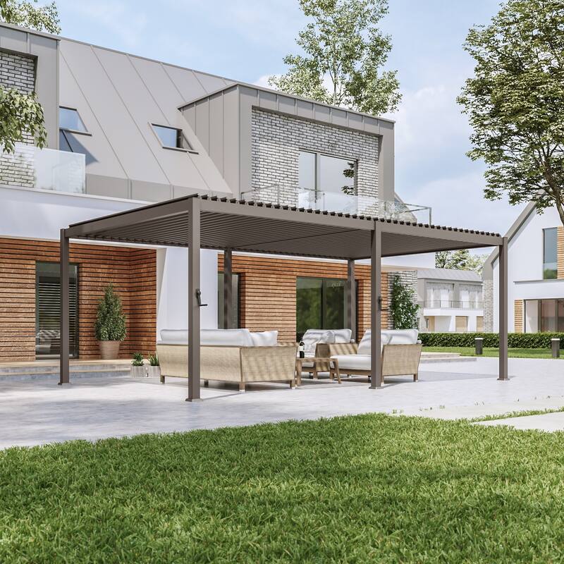 Aluminum Steel Pergola, Outdoor Pergola with Adjustable Roof - 12x20FT - Brown