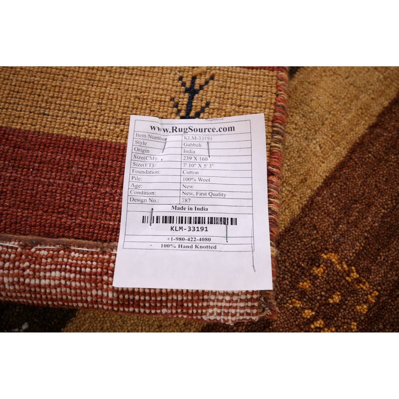 Striped Gabbeh Indian Area Rug Hand-Knotted Wool Carpet - 5'3"x 7'10"
