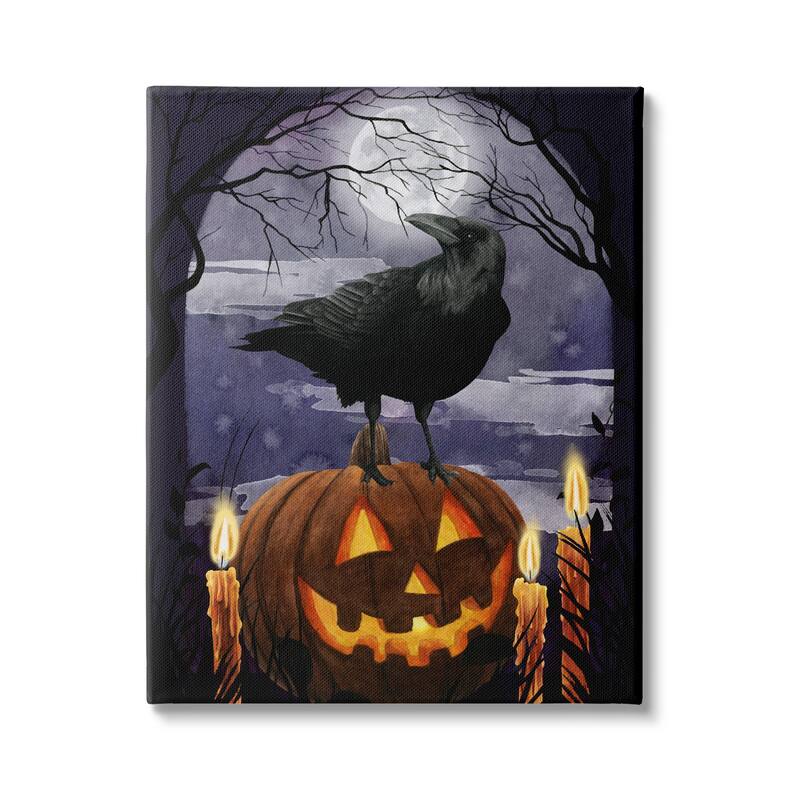 Stupell Spooky Halloween Night Sky Crow Jack-o'-lantern Full Moon Canvas Wall Art - Orange - 30 x 40
