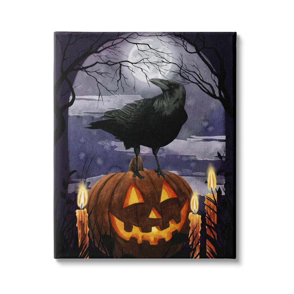 Stupell Spooky Halloween Night Sky Crow Jack-o'-lantern Full Moon Canvas Wall Art - Orange