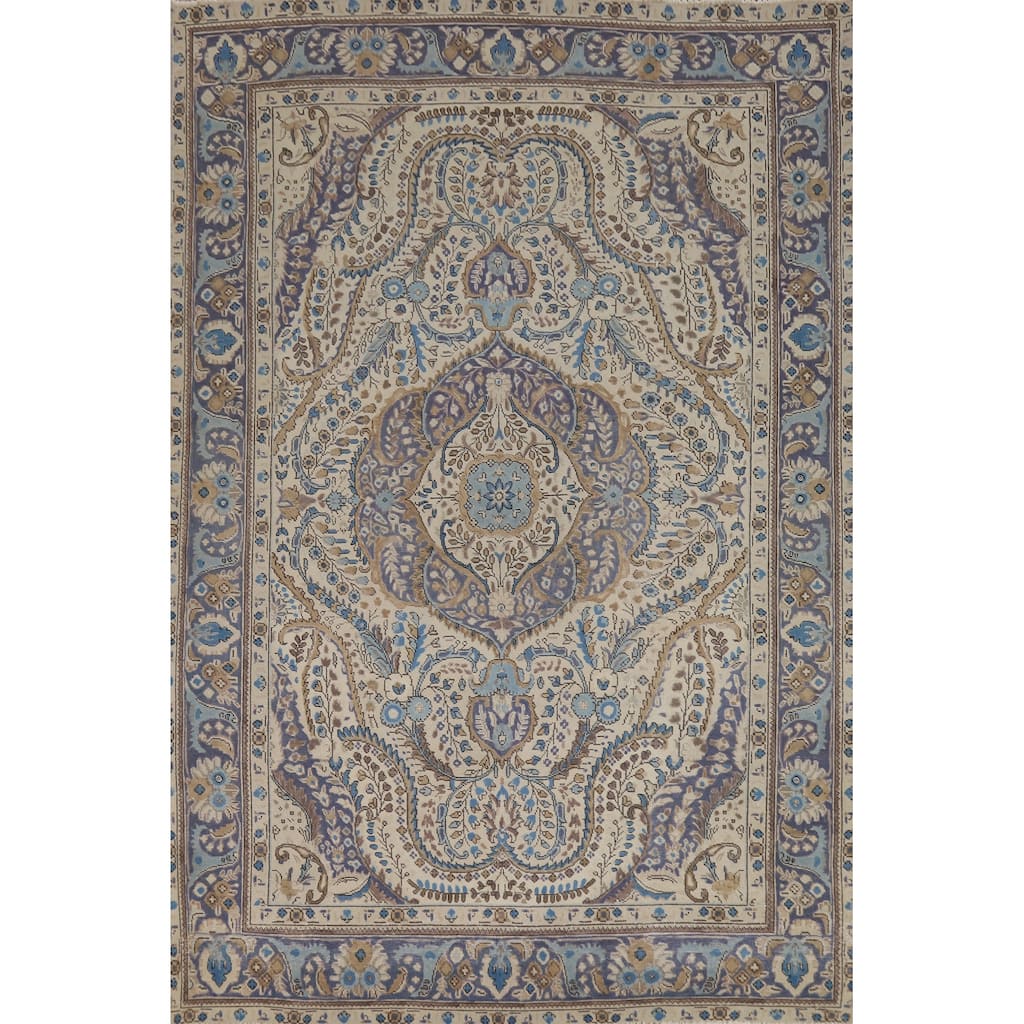 Beige Tabriz Persian Area Rug Hand-Knotted Oriental Wool Carpet - 6'5"x 9'4"