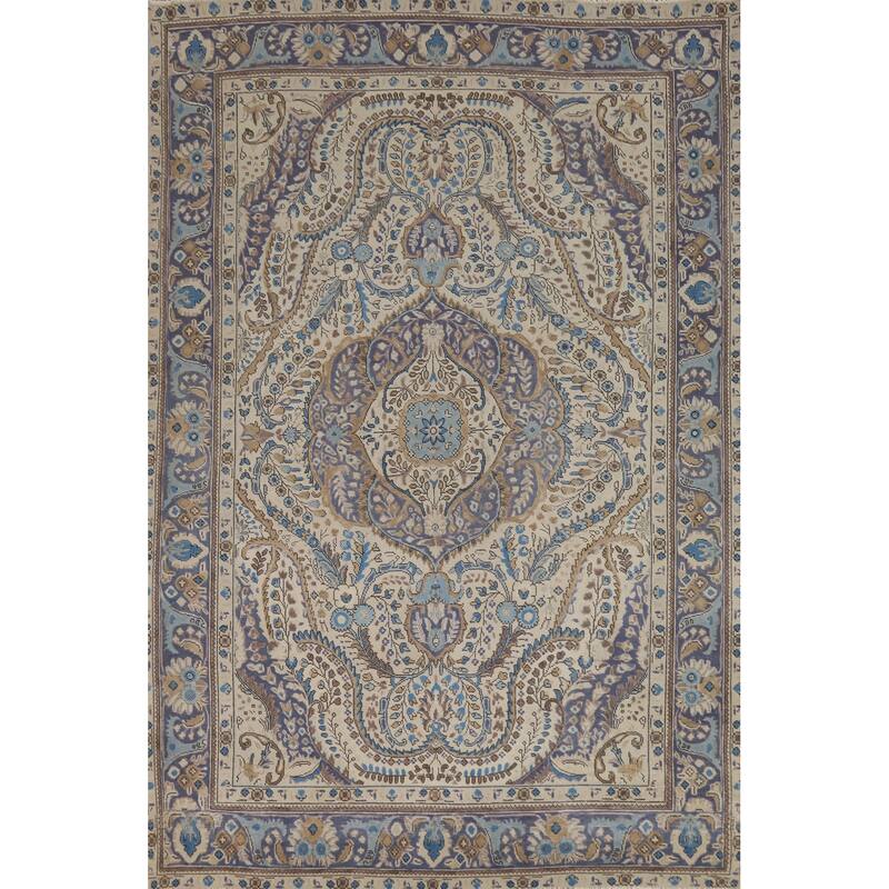 Beige Tabriz Persian Area Rug Hand-Knotted Oriental Wool Carpet - 6'5"x 9'4"
