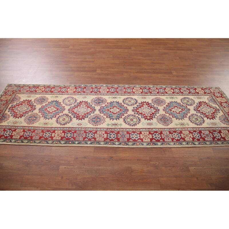 Hand Knotted Oriental 100% Wool Carpet Traditional Geometric Beige & Ivories Kazak Runner Rug - 8' 5'' X 2' 9''