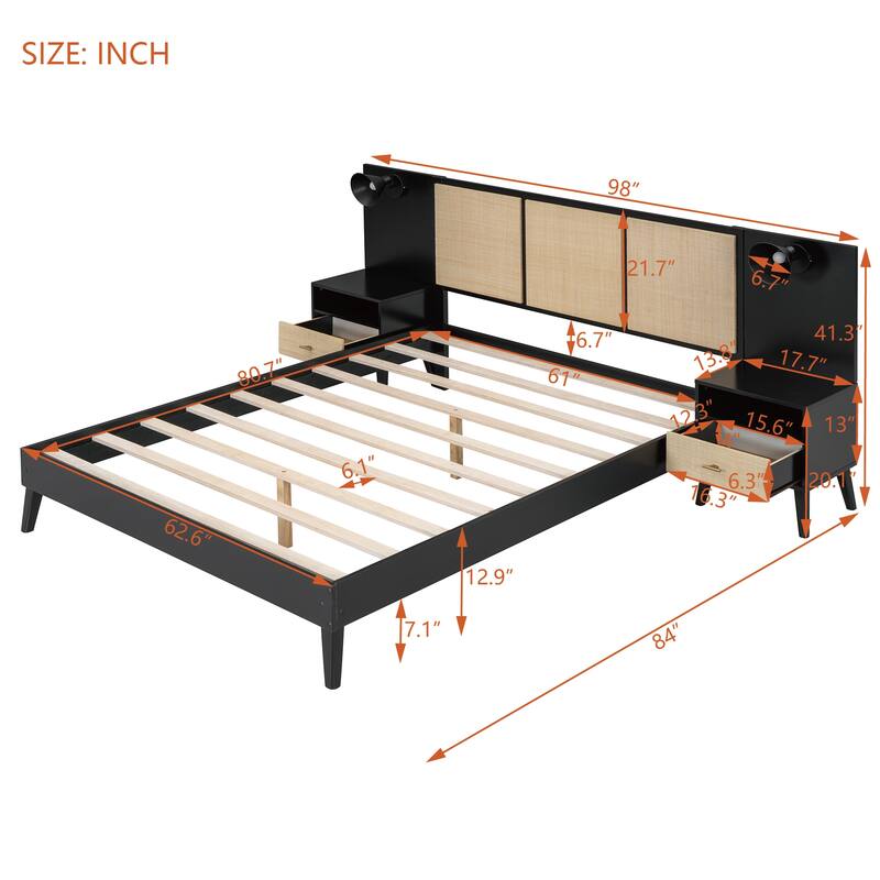 Queen Size Solid Wood Bed Frame with 2 Nightstands, Modern Platform Bed with Headboard, Lamps, Rattan Wood Combination Set