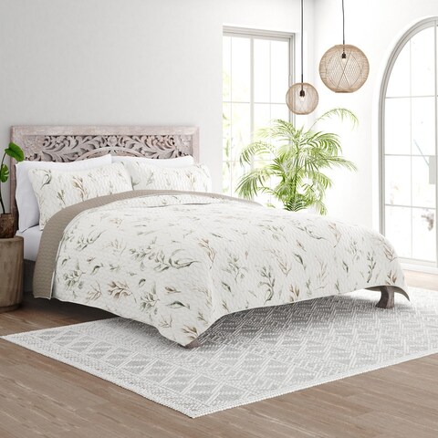 Soft Essentials All Season 3 Piece Watercolor Leaves/Stripe Reversible Quilt Set with Shams