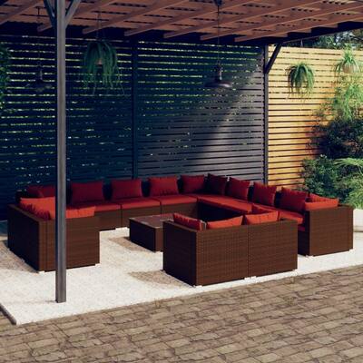 14 Piece Patio Lounge Set with Cushions Brown Poly Rattan