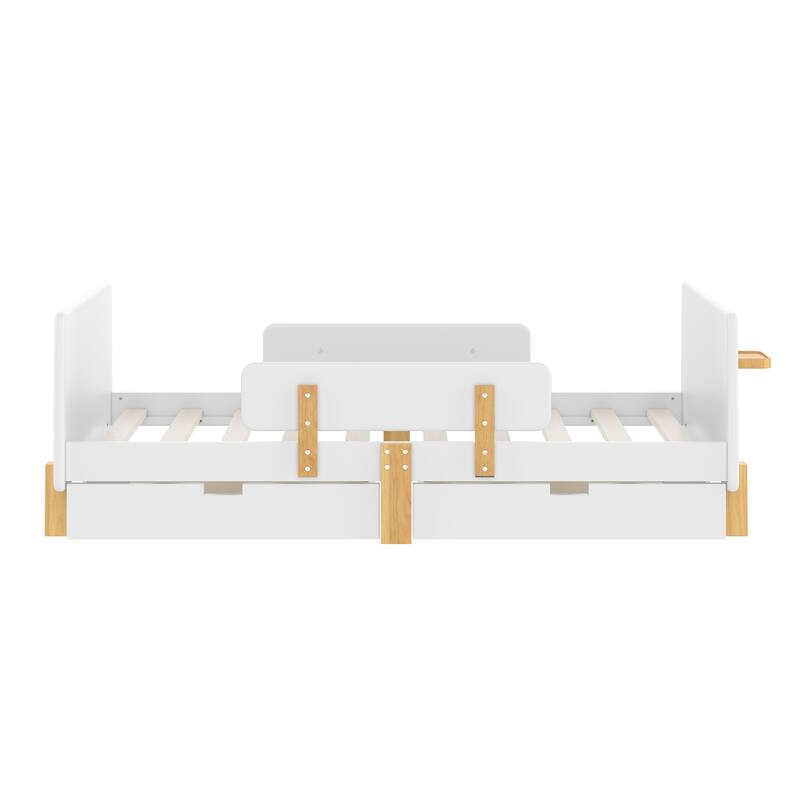 Roomfitters Platform Bed with Storage Drawers and Shelf, Solid Wood Frame with Hooks and Guardrails