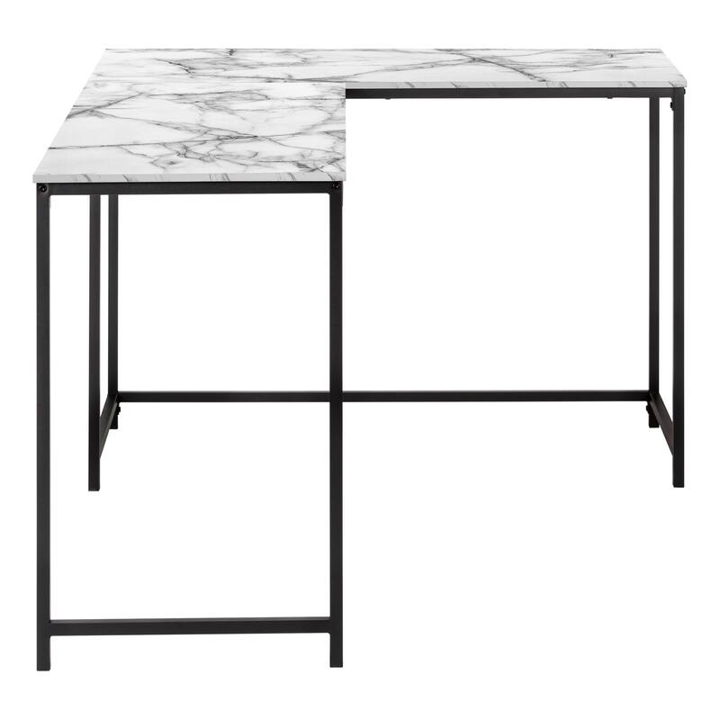Computer Desk, Home Office, Corner, 58"l, L Shape, Work, Laptop, White Marble Look Laminate, Black Metal, Contemporary