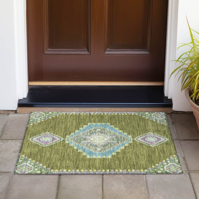 Machine Washable Indoor/ Outdoor Boho Traditional Chantille Rug - Olive - 1'8" x 2'6"