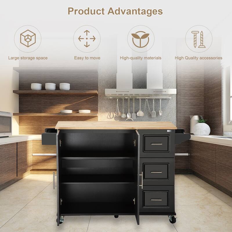 Kitchen Island Cart with Rubber Wood Table Top, 3 Spacious Drawers, Adjustable Cabinet Shelf & Movable Spice Rack - Black