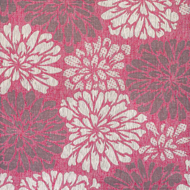 JONATHAN Y Floral Textured Weave Indoor/Outdoor Area Rug - 5' Square - Fuchsia/Light Gray