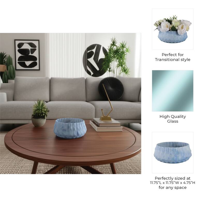 Glass Bowl Carved Stylish Modern Decorative Accent - 5" Blue - 11.75" x 11.75" x 4.75"