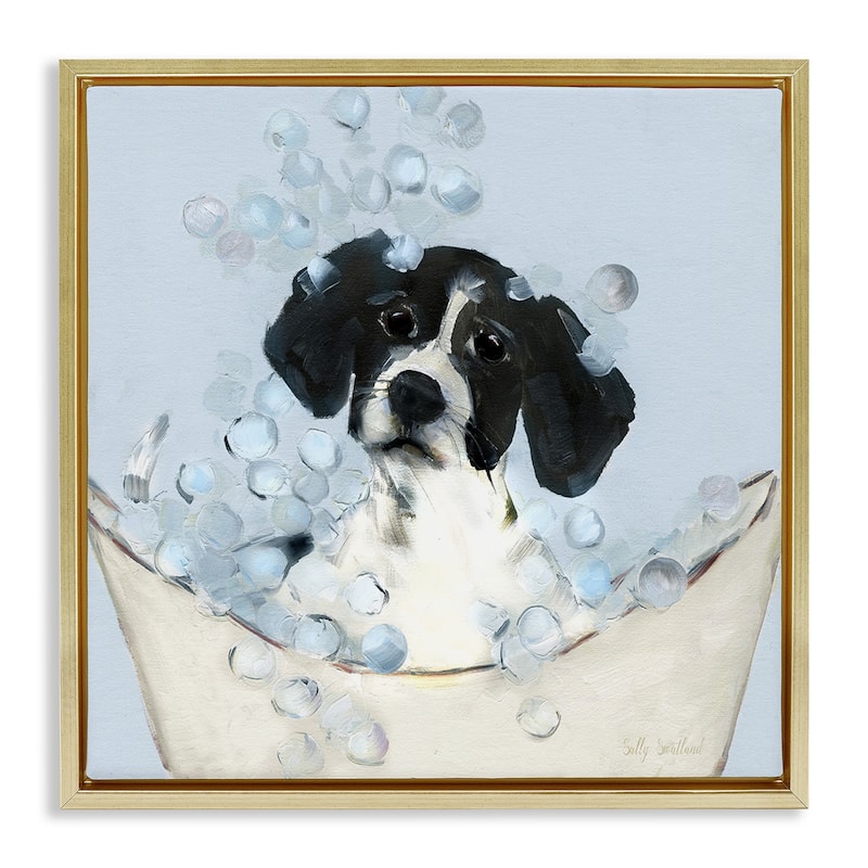 Stupell Black & White Puppy in Tub Framed Floater Canvas Wall Art Design By Sally Swatland - 25 x 25 - Gold