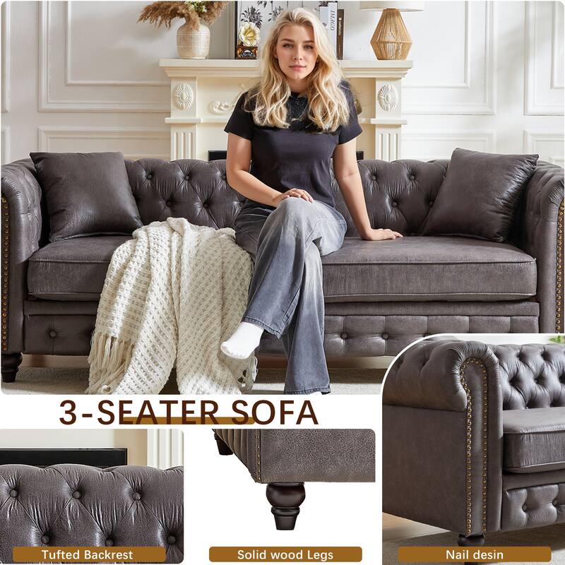 Chesterfield Sofa in Tech Fabric - 85.5" 3-Seater with Rolled Arms