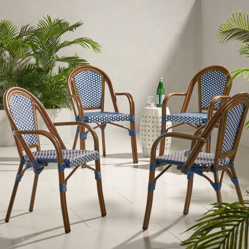 Brianna Outdoor Outdoor Bistro Chairs (Set of 4) by Christopher Knight Home - Navy Blue/ White/ Brown Wood