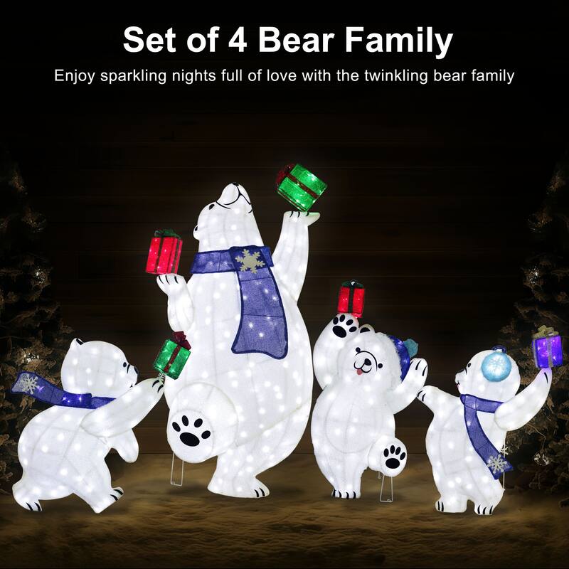 Puleo International Set of 4 Pre-Lit Bear Family Christmas Holiday Decor with 450 Cool White Twinkling LED Lights