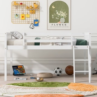 Full Size Low Loft Bed with Convertible Ladder, Wood Loft Bed Frame with Safety Guardrails for Kids Girls Boys, White