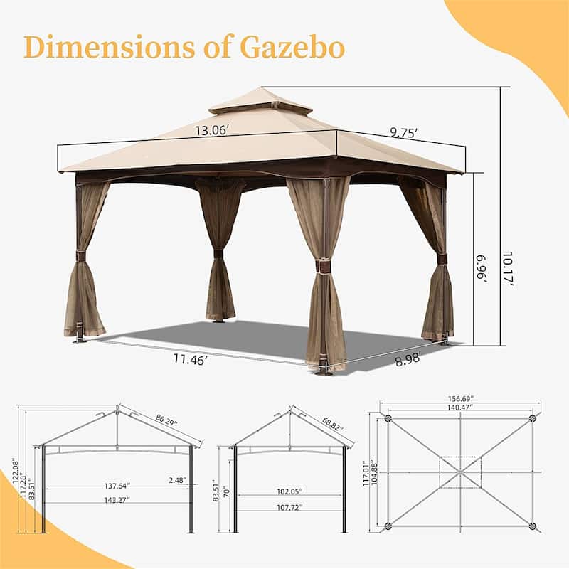 10x13 Foot Outdoor Gazebo with Mosquito Netting, Double Roof, Metal Frame, Waterproof Canopy for Backyard, Deck, or Garden