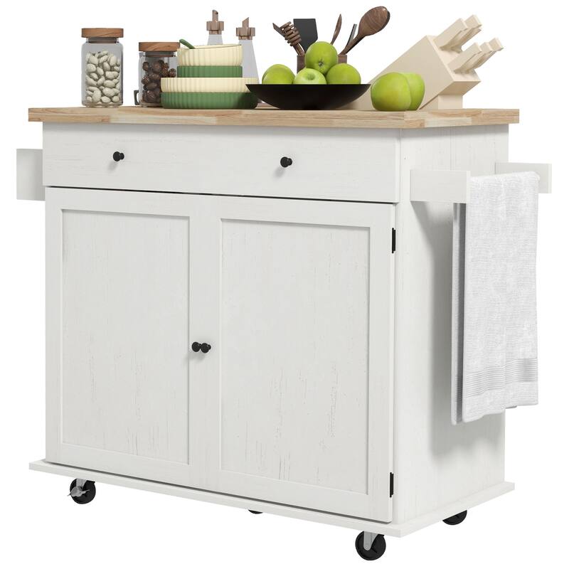 Kitchen Island with Storage, Farmhouse Rolling Kitchen Island cart on Wheels with Drawer, 2 Cabinets, Rubberwood Top