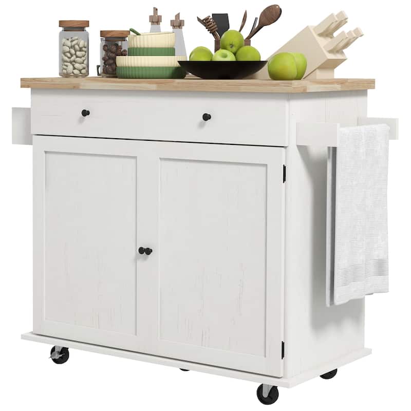 Rolling Kitchen Island Cart on Wheels with Drawer, 2 Cabinets, Rubberwood Top, Spice Rack, Towel Racks and 2 Hooks