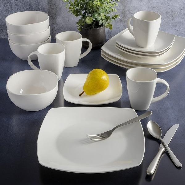 Gibson Soho Lounge 16 Piece Fine Ceramic Soft Square Stoneware Dinnerware Set in White On Sale Bed Bath Beyond 39855726