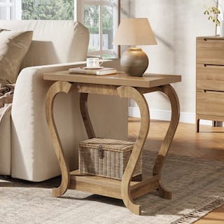 2-Tier End Table, Narrow Wood Side Table with Storage Shelves