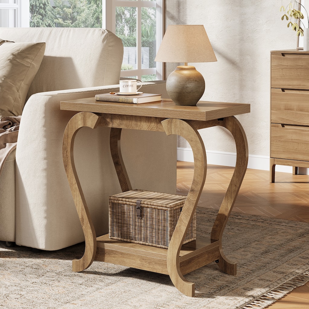 2-Tier End Table, Narrow Wood Side Table with Storage Shelves