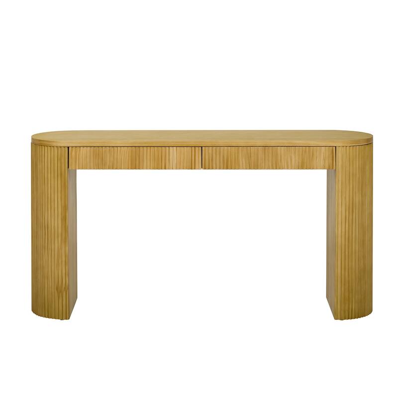 Vintage Pine Veneer Console Table with Vertical Striped Design, 58.2 Inch Entryway Table Living Room Sofa Table with 2 Drawers - Natural