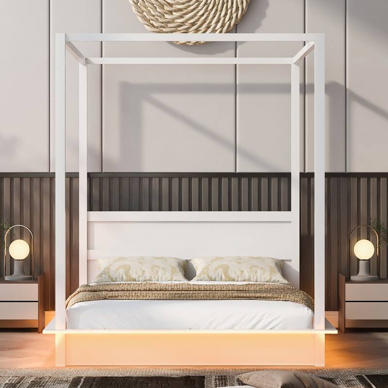 Wooden LED Four Poster Canopy Bed, Canopy Platform Bed with Support Slats, No Box Spring Needed - White - Queen