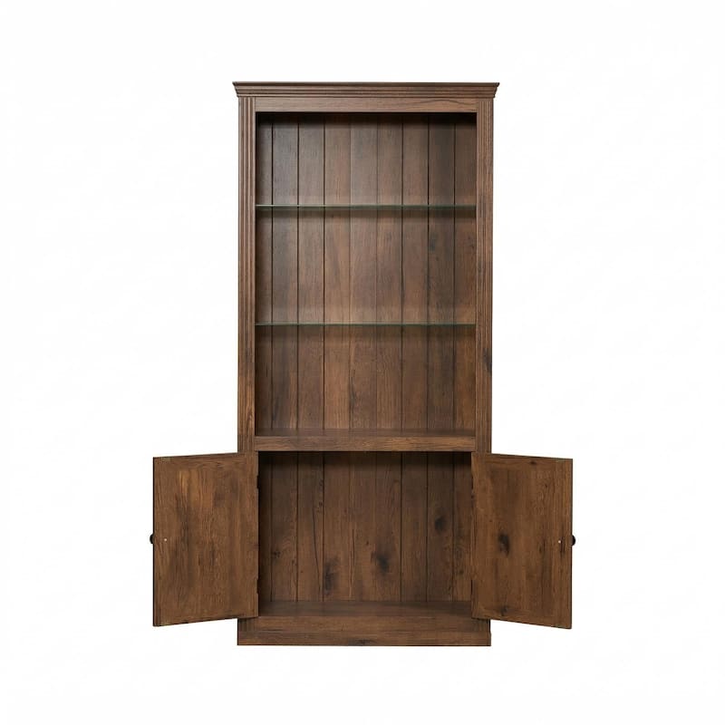 78.75"4-Tier Display Shelf,with LED Ceiling Warm Light,Freestanding with Storage & Doors,Bookshelf with Adjustable Glass Shelves