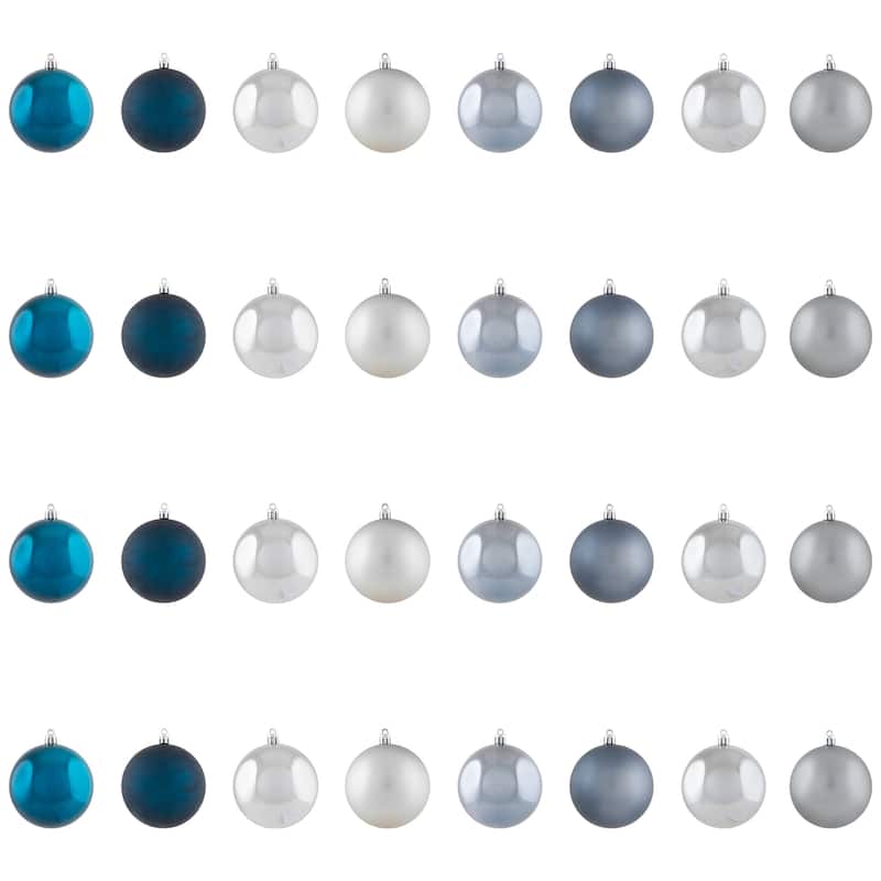 32ct Silver Blue Shatterproof 2-Finish Christmas Ball Ornaments 3.25"