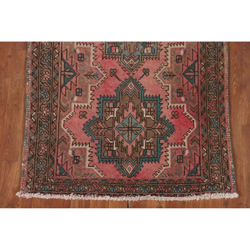 Pink Geometric Tabriz Persian Vintage Runner Rug Handmade Wool Carpet - 3'3"x 12'5"