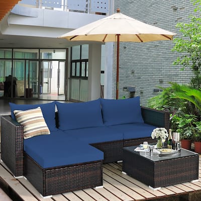 Gymax 5PCS Cushioned Rattan Patio Conversation Set w/ Ottoman Navy - See Details
