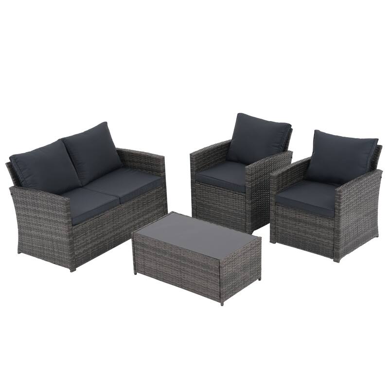 4 Person Patio Rattan Conversation Set with Grey Cushions Outdoor Tempered Glass Table