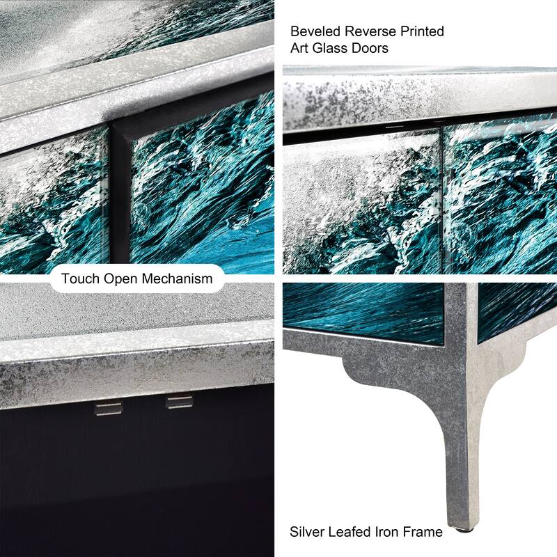 "Sapphire Sea" Reverse Printed Beveled Art Glass Cabinet Console Table and Mirror set - 42" x 37 x 17" & 48" x 32"