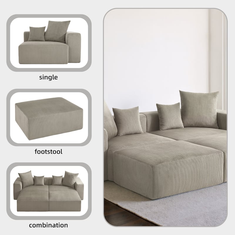 4-Piece Modern Corduroy Modular Sectional Sofa Set with 4 Throw Pillows