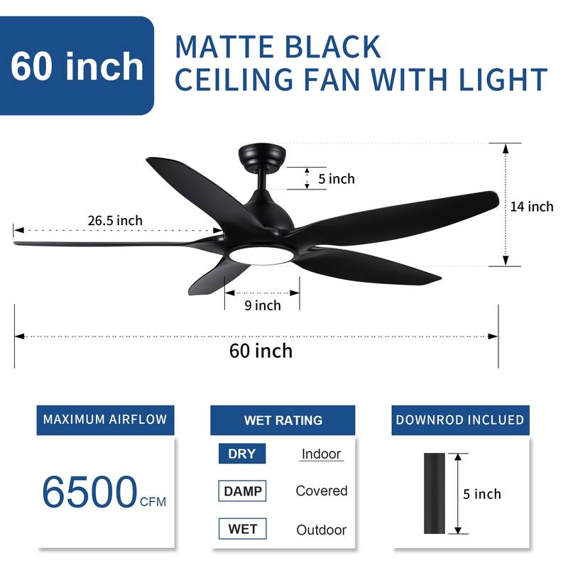 60 in.Matte White Indoor Ceiling Fan with Light, DC Motor and Remote Control