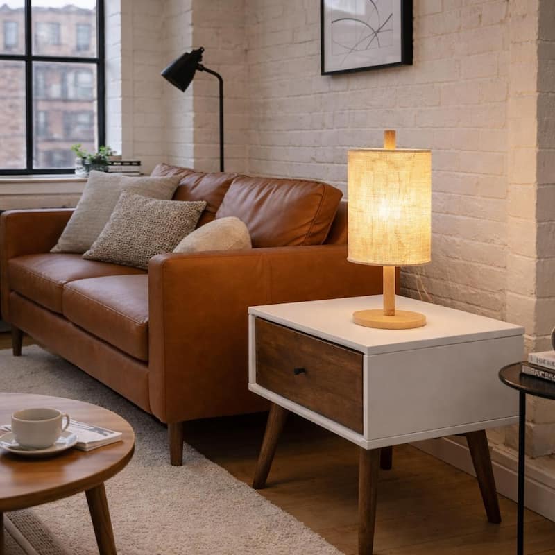 Pearl Natural Wooden Table Lamp with Woven Fabric Shade - Walnut