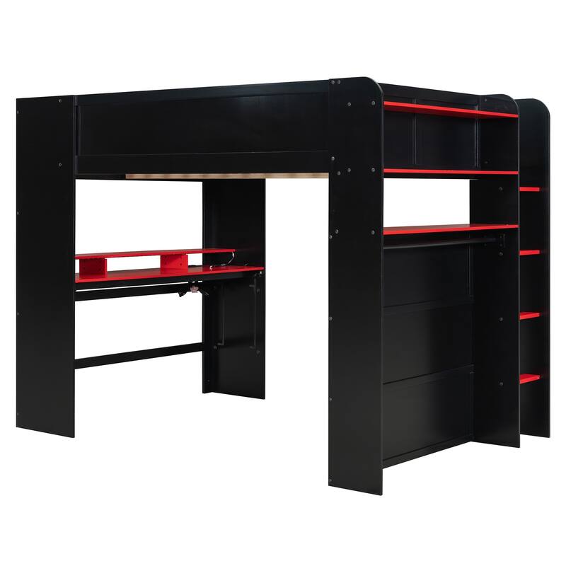 Roomfitters Full Size Loft Bed with Adjustable Desk, Wardrobe Storage, and RGB Lighting