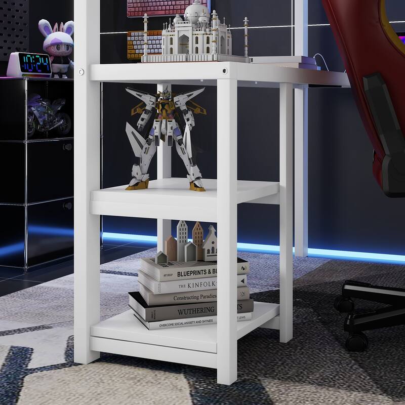 Metal Queen Loft Bed w/ Wardrobe & LED Light L Shaped Desk USB for Kids Teens Adults - White