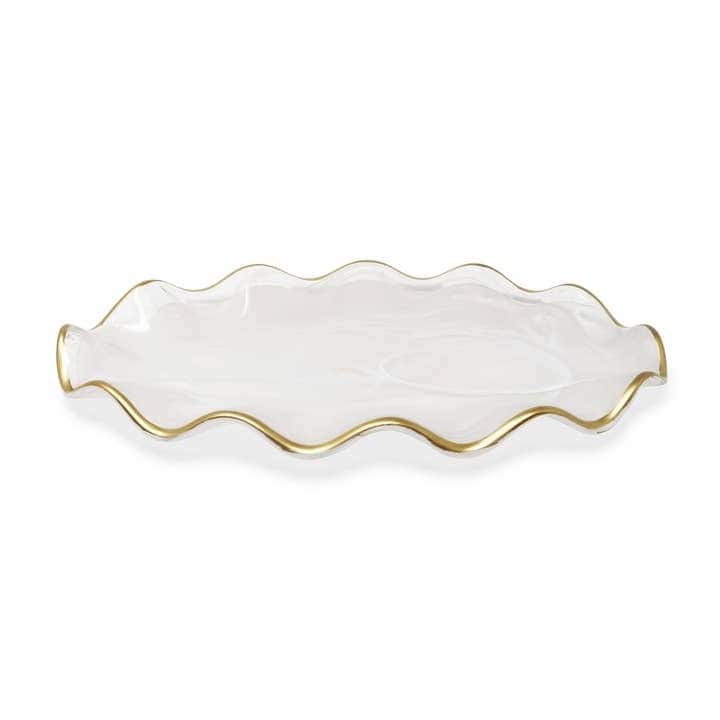 Oval Tray White Alabaster with Gold Ruffled Border - Medium