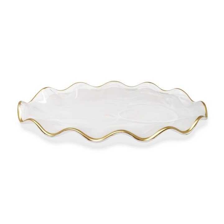 Oval Tray White Alabaster with Gold Ruffled Border