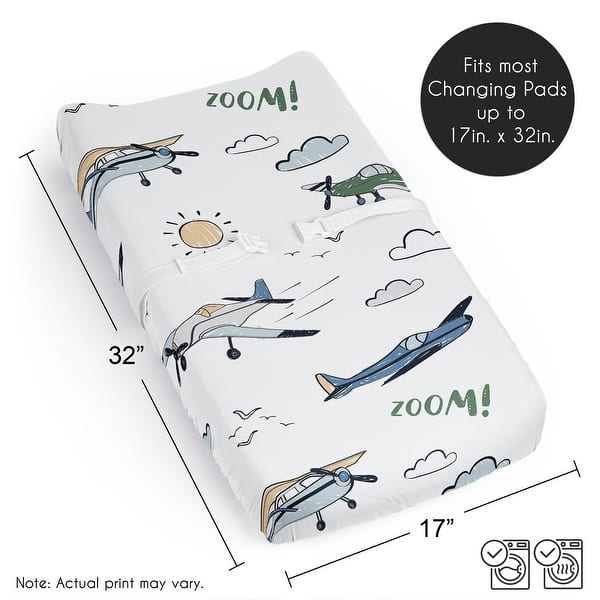 Sweet Jojo Designs Vintage Airplane Boy Changing Pad Cover Sheet Green Blue Yellow Airplanes Plane Transportation Clouds Sun Sky